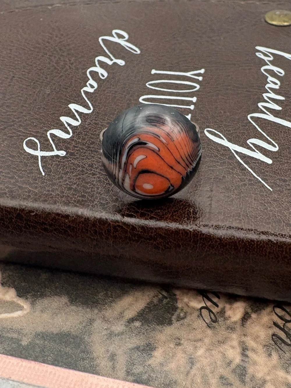 Vintage 60s 70s Orange Black Swirl Cabochon Adjustable Ring